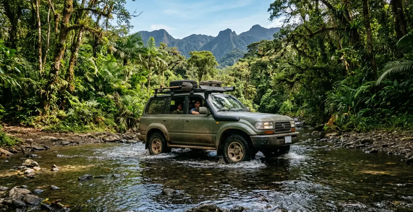 Véhicule 4x4 franchissant un gué dans la jungle tropicale du Costa Rica