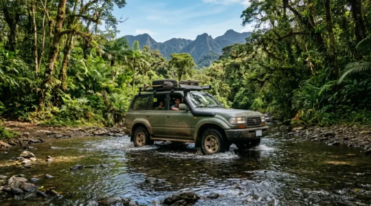 Véhicule 4x4 franchissant un gué dans la jungle tropicale du Costa Rica