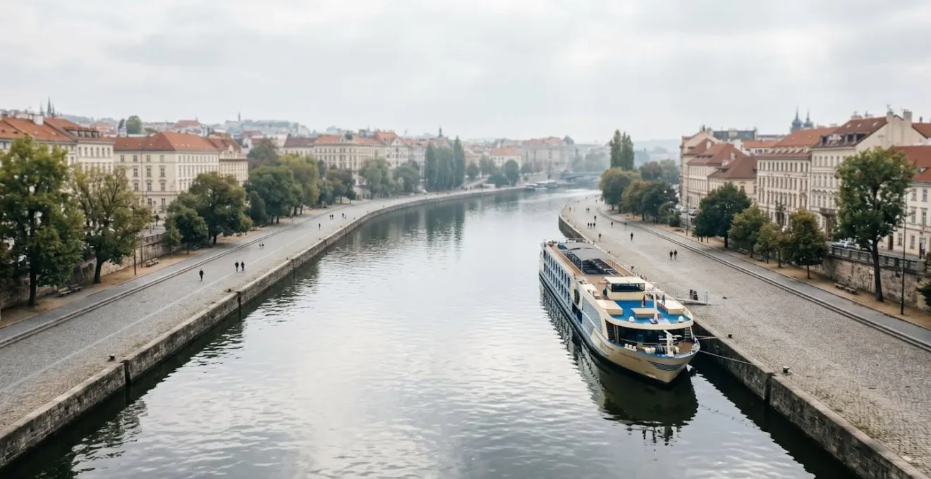 Vue aérienne minimaliste montrant l'amarrage direct d'un bateau fluvial au cœur d'une ville historique