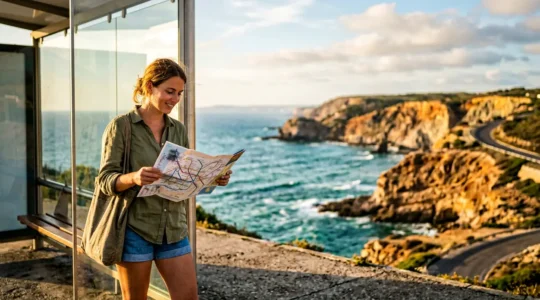 Voyageur consultant une carte de bus avec en arrière-plan les falaises dorées et l'océan Atlantique de l'Algarve