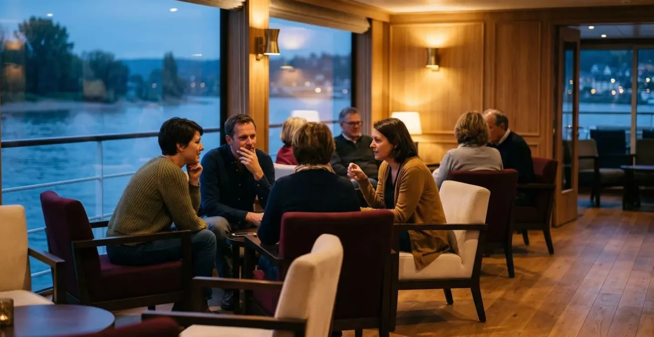 Atmosphère intimiste et chaleureuse d'une soirée à bord d'une croisière fluviale avec petit groupe de voyageurs