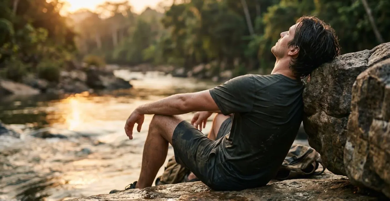 Silhouette d'aventurier au repos après une activité physique intense dans un cadre tropical