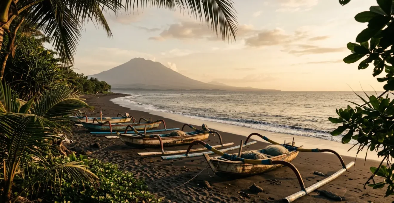 Vue paisible d'une plage balinaise préservée avec barques de pêcheurs traditionnelles et végétation tropicale au premier plan