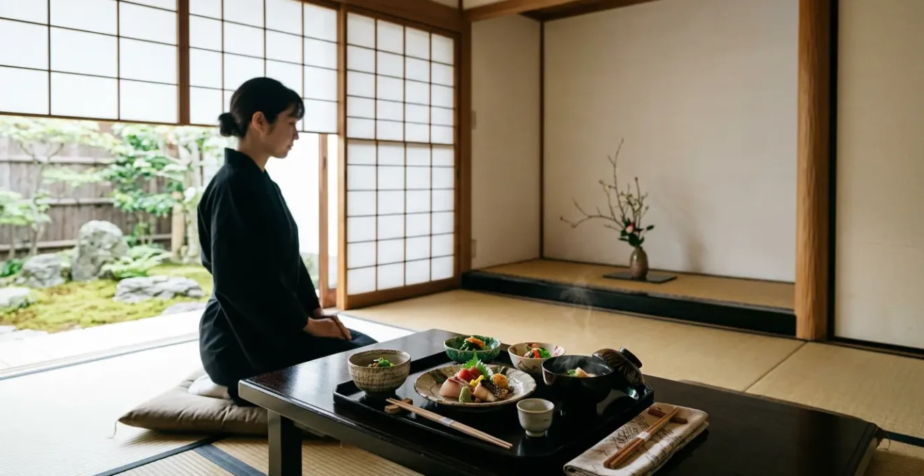 Cérémonie de repas Kaiseki traditionnel japonais avec plats raffinés disposés harmonieusement