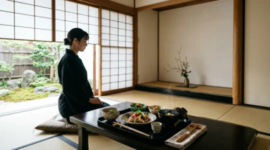 Cérémonie de repas Kaiseki traditionnel japonais avec plats raffinés disposés harmonieusement