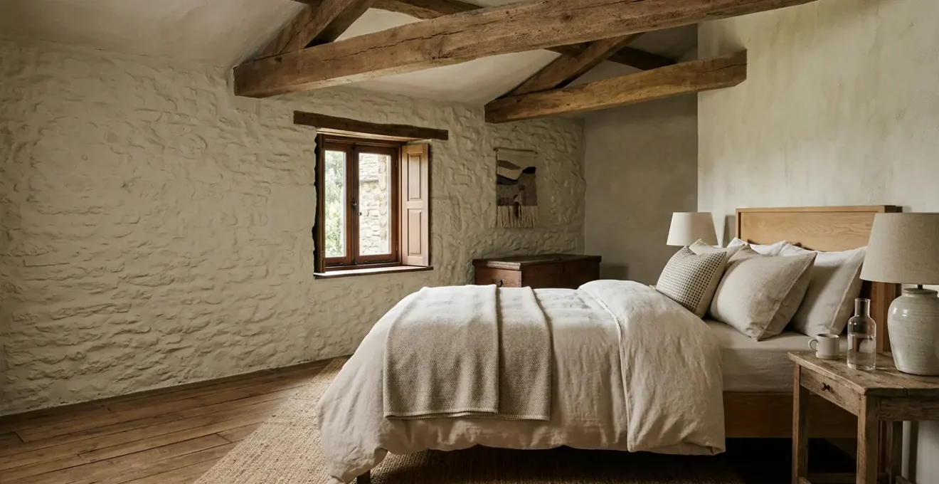Intérieur chaleureux d'une chambre d'hôtes de charme authentique avec équilibre entre cachet ancien et confort moderne