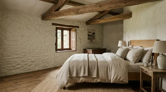 Intérieur chaleureux d'une chambre d'hôtes de charme authentique avec équilibre entre cachet ancien et confort moderne
