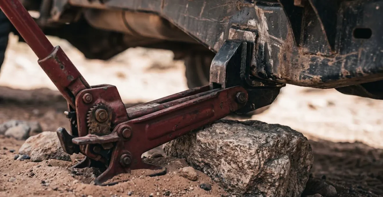Gros plan sur un cric hydraulique positionné sous un chassis de 4x4 sur terrain meuble avec pierres de calage