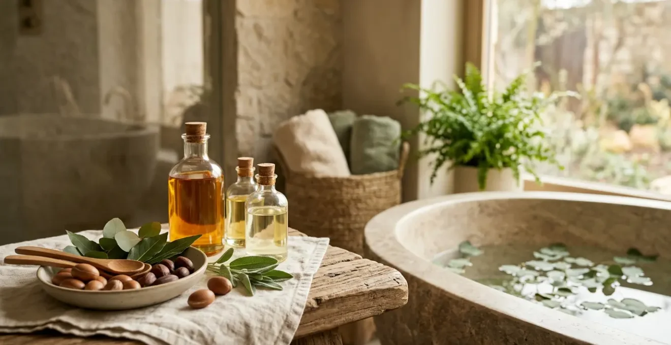 Ambiance spa luxueuse avec ingrédients naturels et textures organiques évoquant la qualité des soins