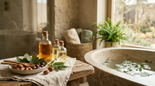 Ambiance spa luxueuse avec ingrédients naturels et textures organiques évoquant la qualité des soins