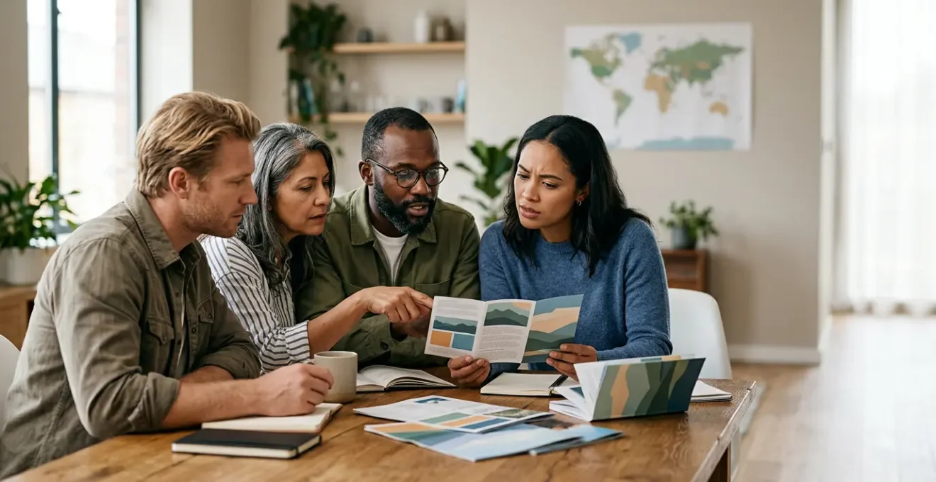 Voyageurs analysant attentivement des brochures de circuits organisés