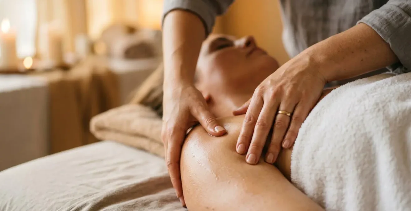 Concept visuel évoquant la mesure du temps de soin effectif dans un spa, mains de praticien en action