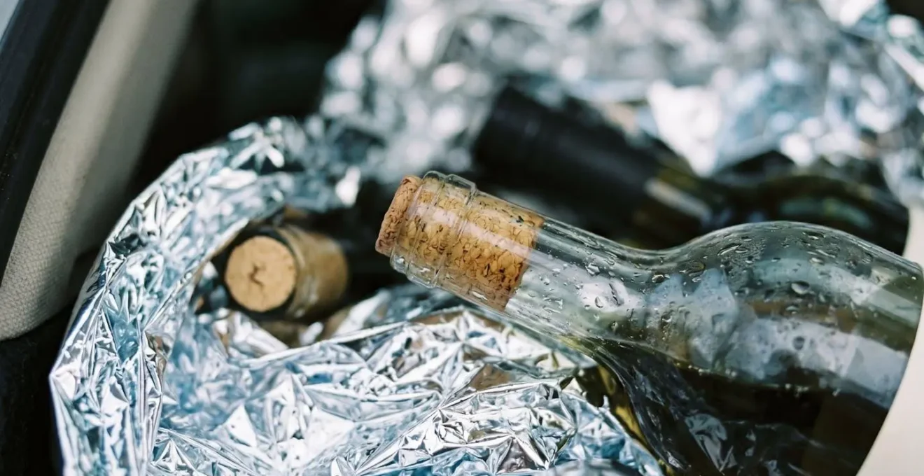Gros plan macro sur bouteilles de vin protégées par couverture isotherme argentée dans coffre de voiture avec texture détaillée