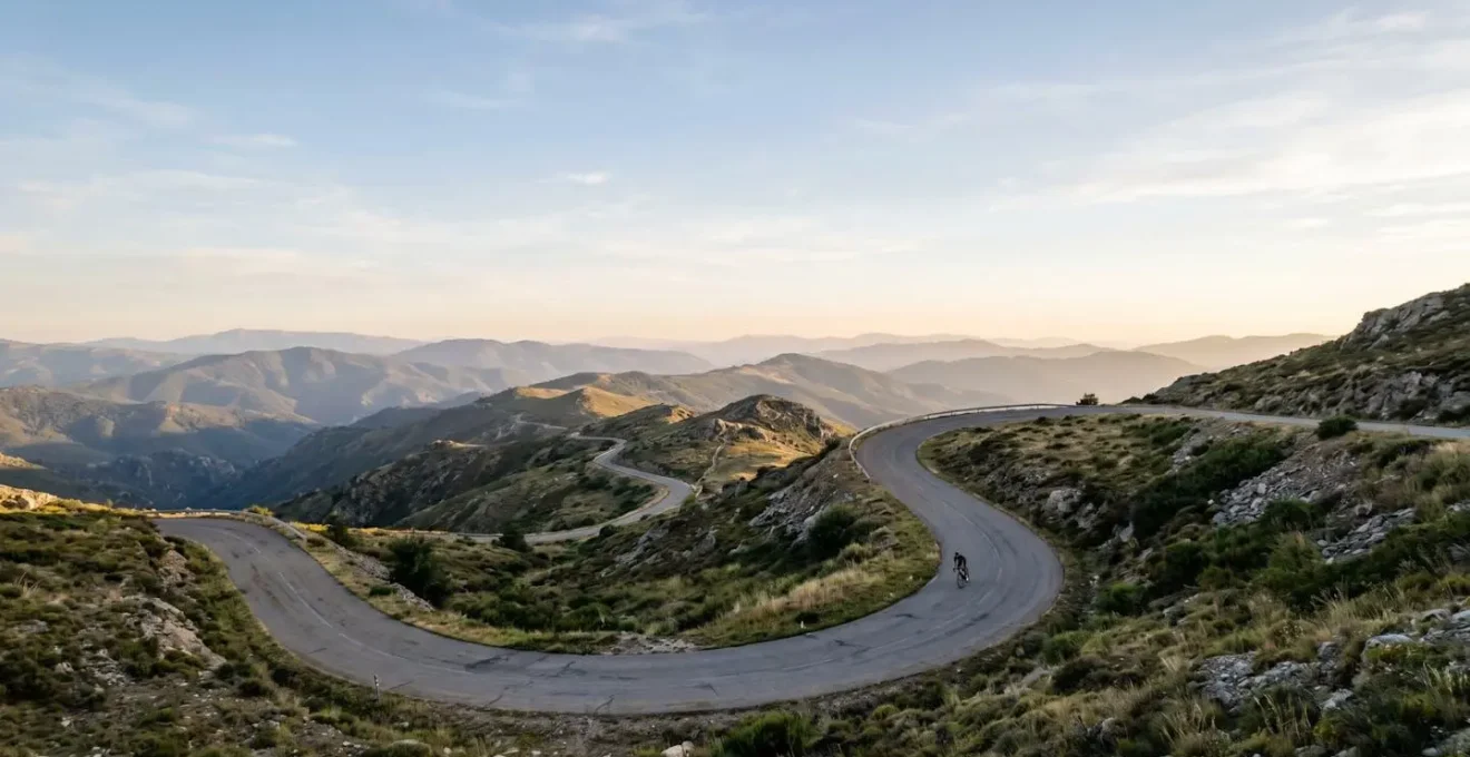 Route de montagne sinueuse vue d'en haut avec courbes de niveau naturelles et cycliste au loin