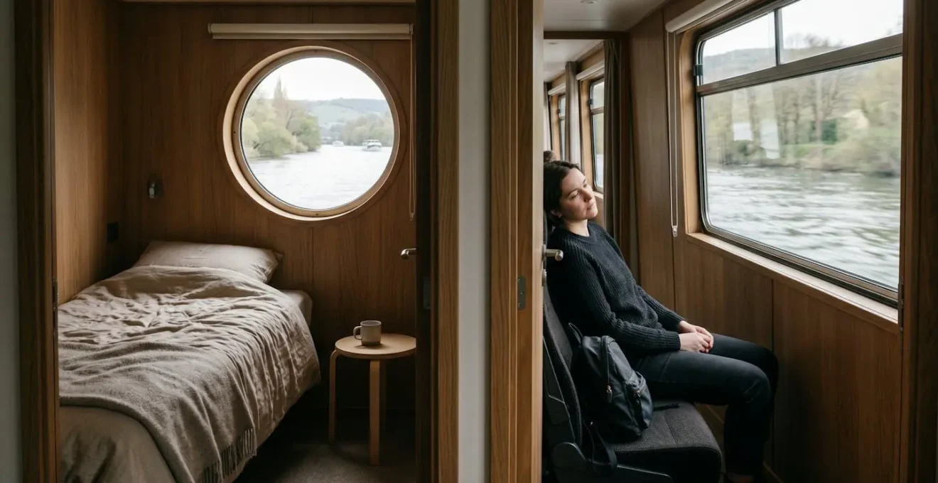 Contraste entre l'intérieur serein d'une cabine de bateau et un bus de tourisme