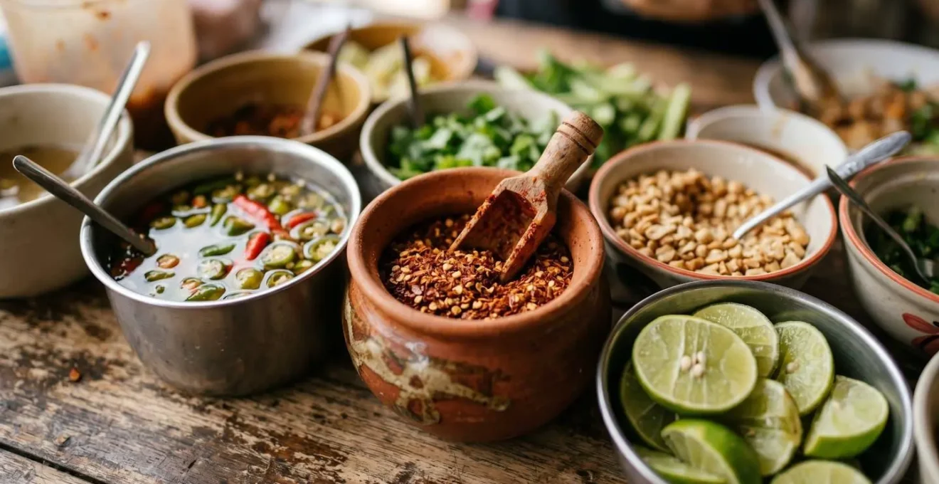 Condiments et piments disposés sur une table de street food en Thaïlande pour ajustement personnel