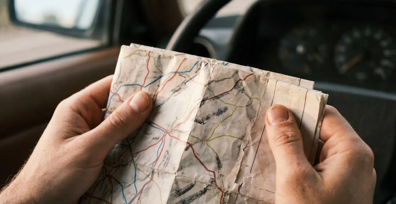 Gros plan sur des mains tenant une carte routière avec expression de concentration