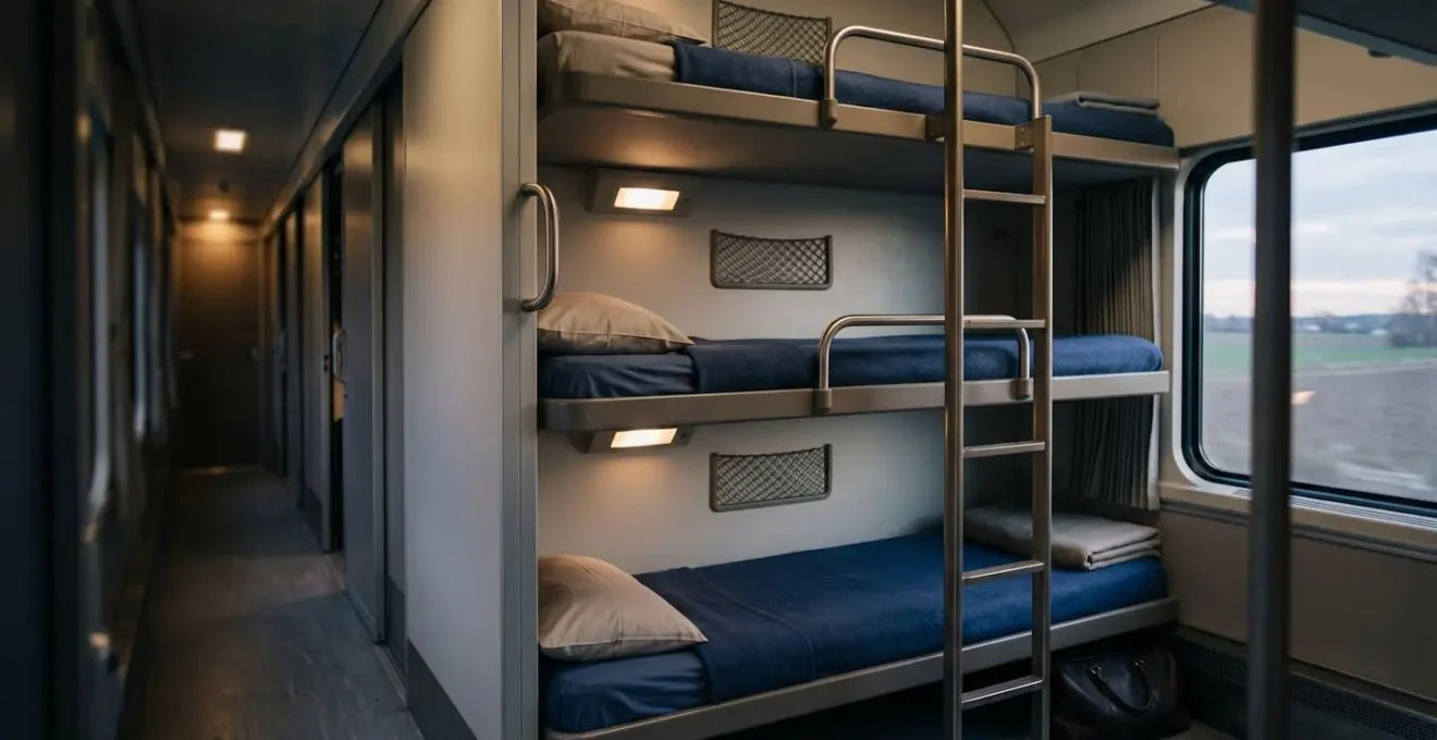 Vue en perspective montrant les trois niveaux de couchettes dans un compartiment de train de nuit