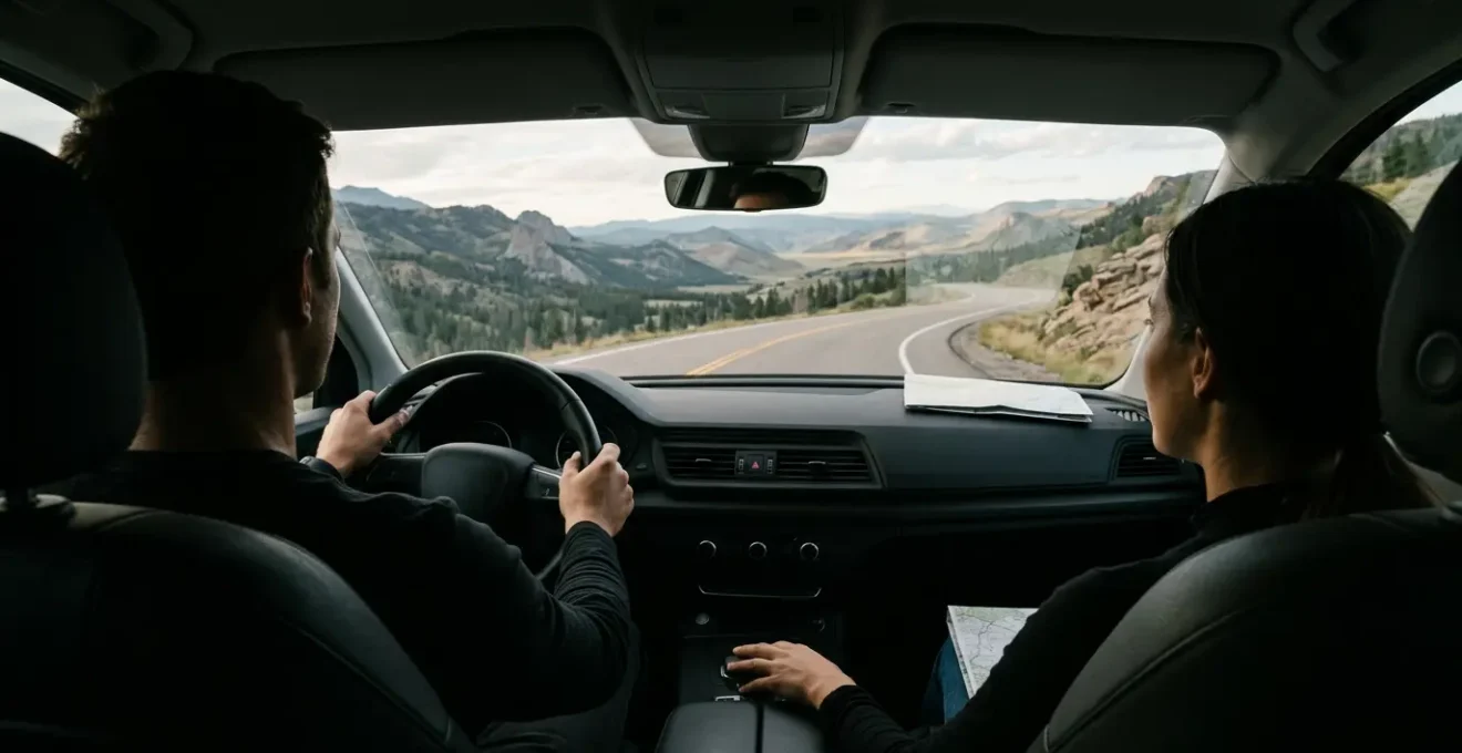 Vue intérieure d'une voiture en road trip avec couple au volant et paysage à l'arrière-plan