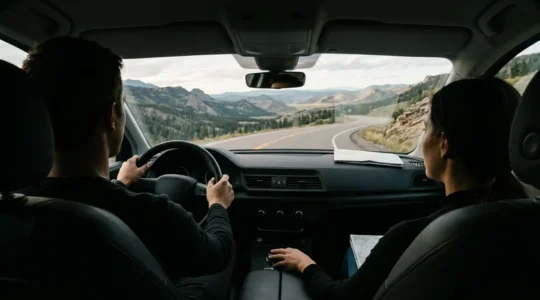 Vue intérieure d'une voiture en road trip avec couple au volant et paysage à l'arrière-plan