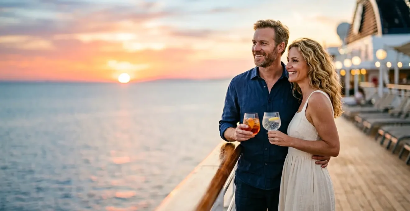 Couple sur le pont d'un navire de croisière au coucher du soleil avec des verres à la main