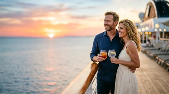 Couple sur le pont d'un navire de croisière au coucher du soleil avec des verres à la main