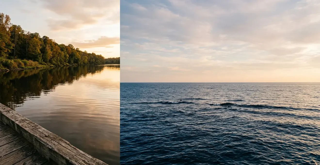 Scène contemplative montrant deux horizons opposés, symbolisant le choix entre croisière maritime et fluviale pour voyageurs sensibles au mal de mer