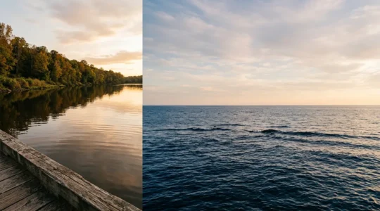 Scène contemplative montrant deux horizons opposés, symbolisant le choix entre croisière maritime et fluviale pour voyageurs sensibles au mal de mer