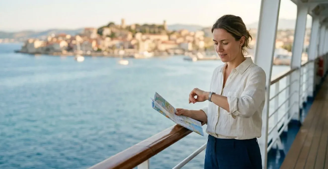 Voyageur consultant une montre et une carte en bordure de navire avec vue sur ville portuaire au loin