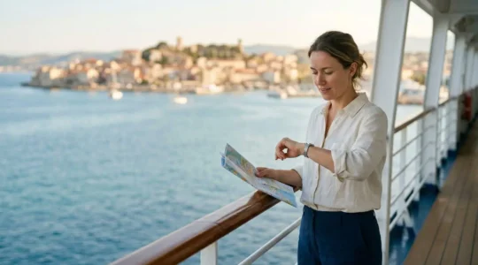 Voyageur consultant une montre et une carte en bordure de navire avec vue sur ville portuaire au loin