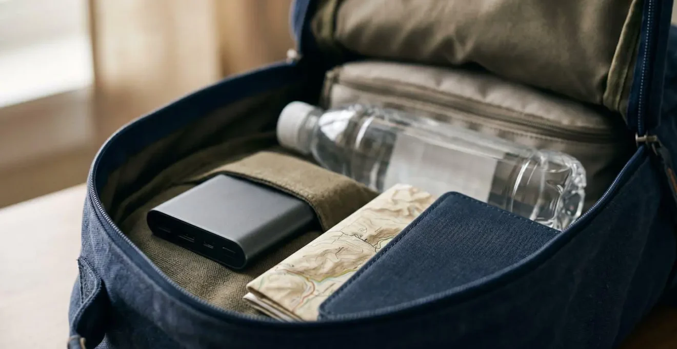 Sac à dos compact organisé avec accessoires de voyage disposés avec soin sur surface épurée