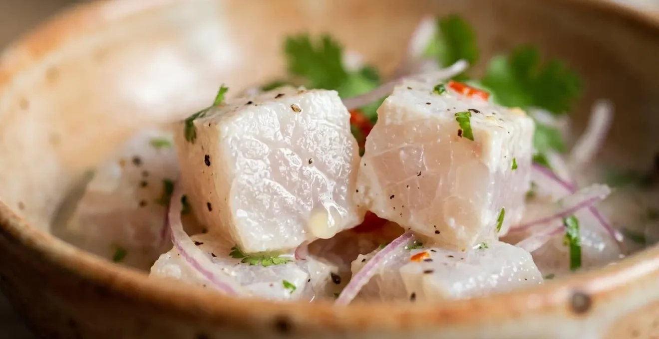 Gros plan sur des cubes de poisson blanc partiellement dénaturés par marinade acide