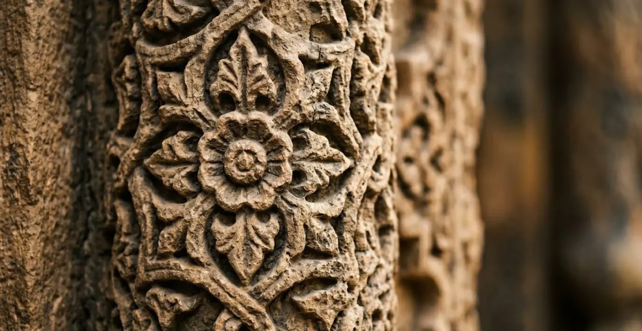 Gros plan macro sur un détail architectural ancien révélant la texture et le savoir-faire artisanal d'un site UNESCO