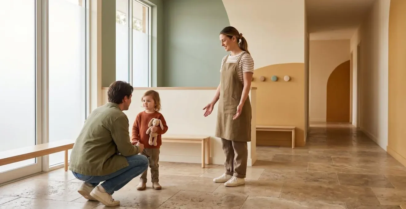 Moment de transition douce entre parent et animateur lors de l'arrivée d'un enfant au club
