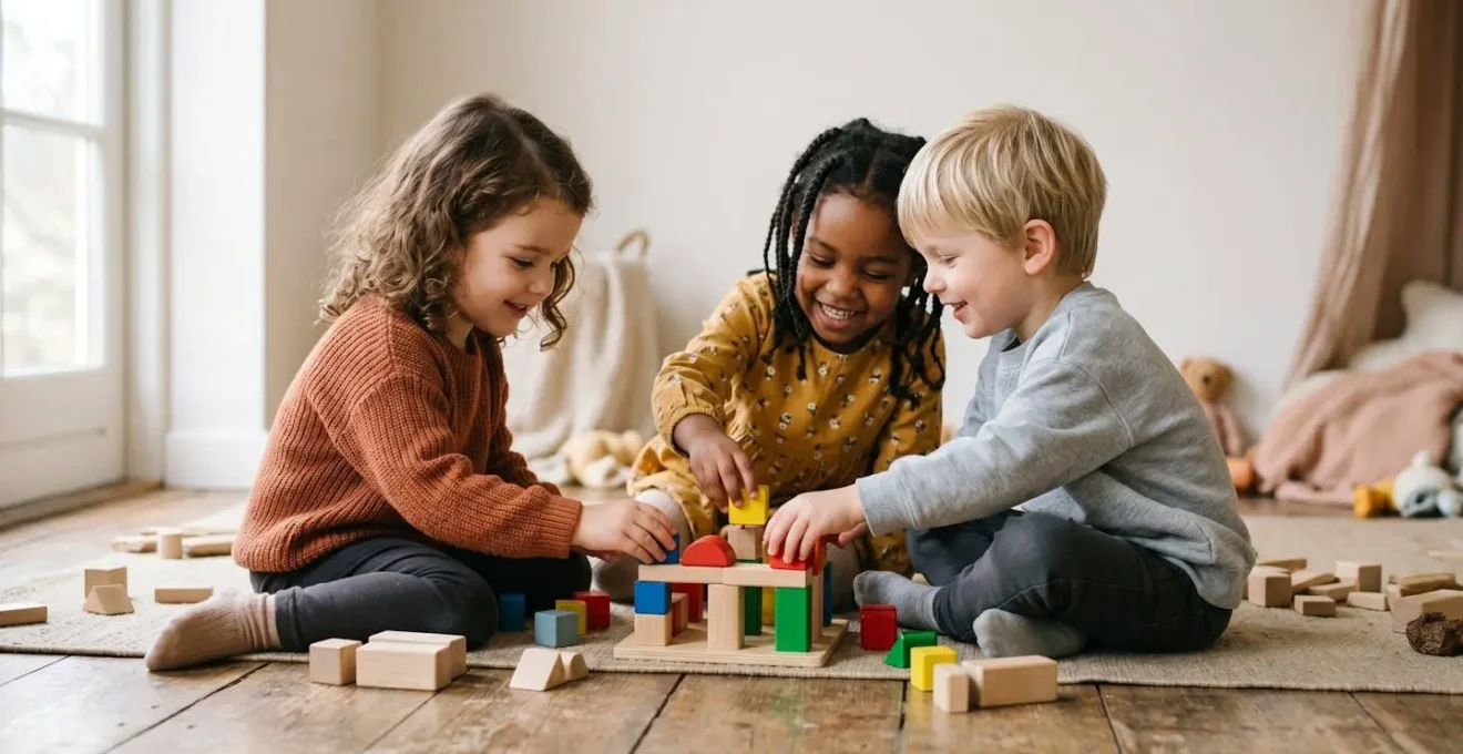 Groupe d'enfants développant leurs compétences sociales à travers le jeu coopératif dans un environnement sécurisé