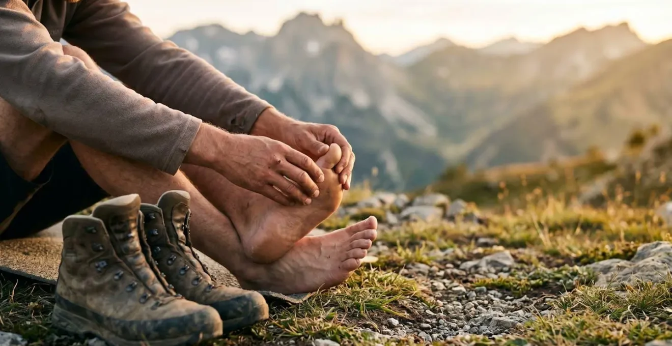 Randonneur effectuant des étirements des pieds au bivouac en fin de journée