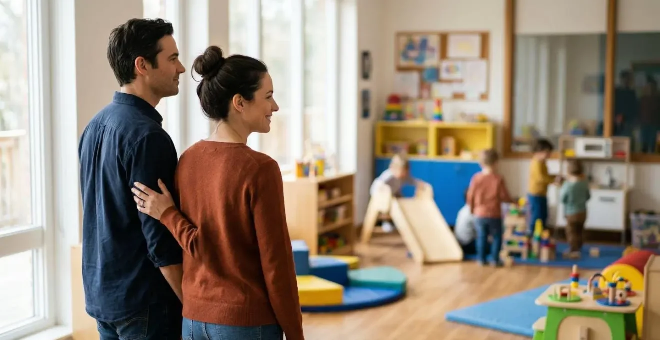 Parents évaluant un espace club enfant lors d'une visite en hôtel de vacances