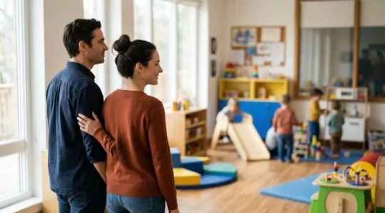 Parents évaluant un espace club enfant lors d'une visite en hôtel de vacances