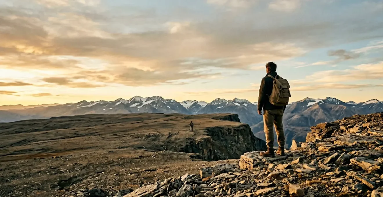 Explorateur solitaire contemplant l'immensité d'un paysage désertique isolé, évoquant la préparation mentale avant une expédition en zone reculée