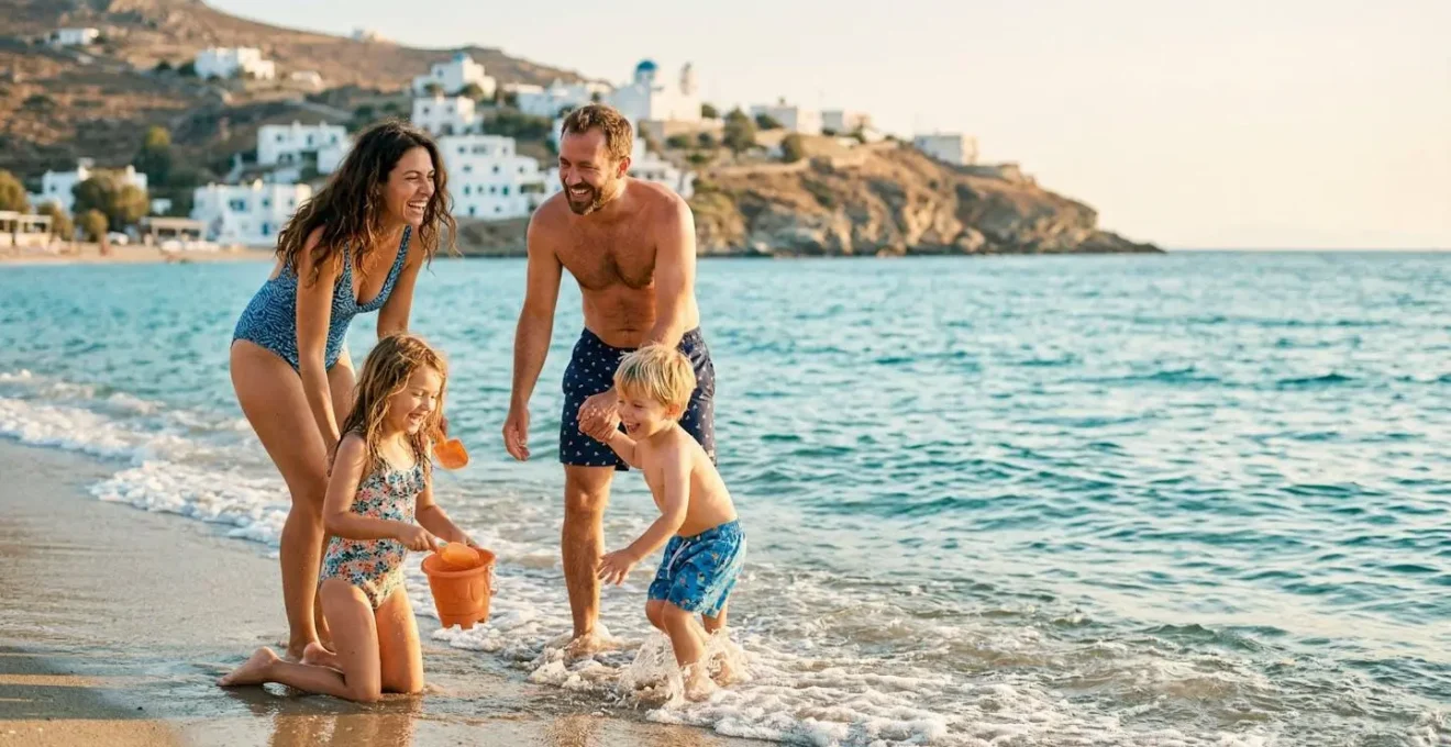 Famille avec jeunes enfants explorant une plage de sable fin des Cyclades sous le ciel bleu grec