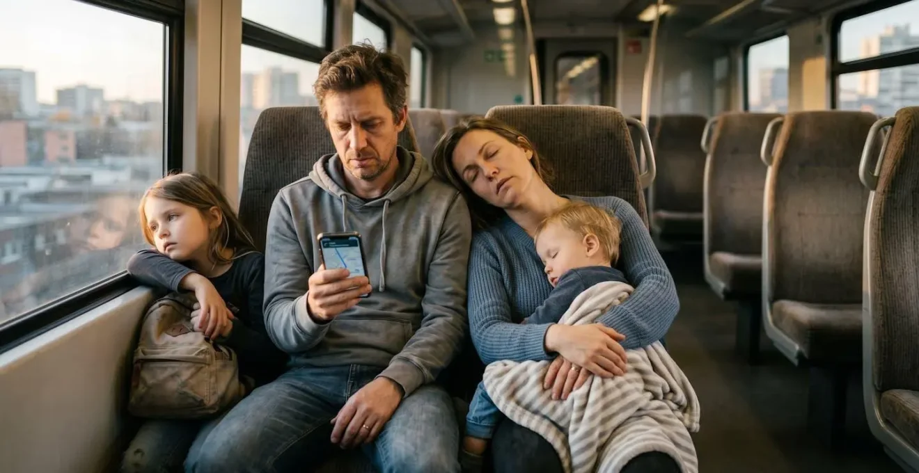 Parents et enfants fatigués dans les transports en commun après une longue journée