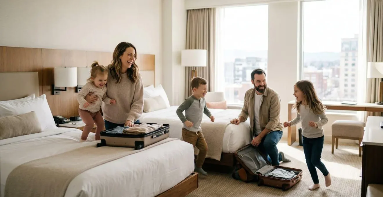 Famille nombreuse s'installant dans une chambre d'hôtel spacieuse et lumineuse