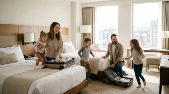 Famille nombreuse s'installant dans une chambre d'hôtel spacieuse et lumineuse