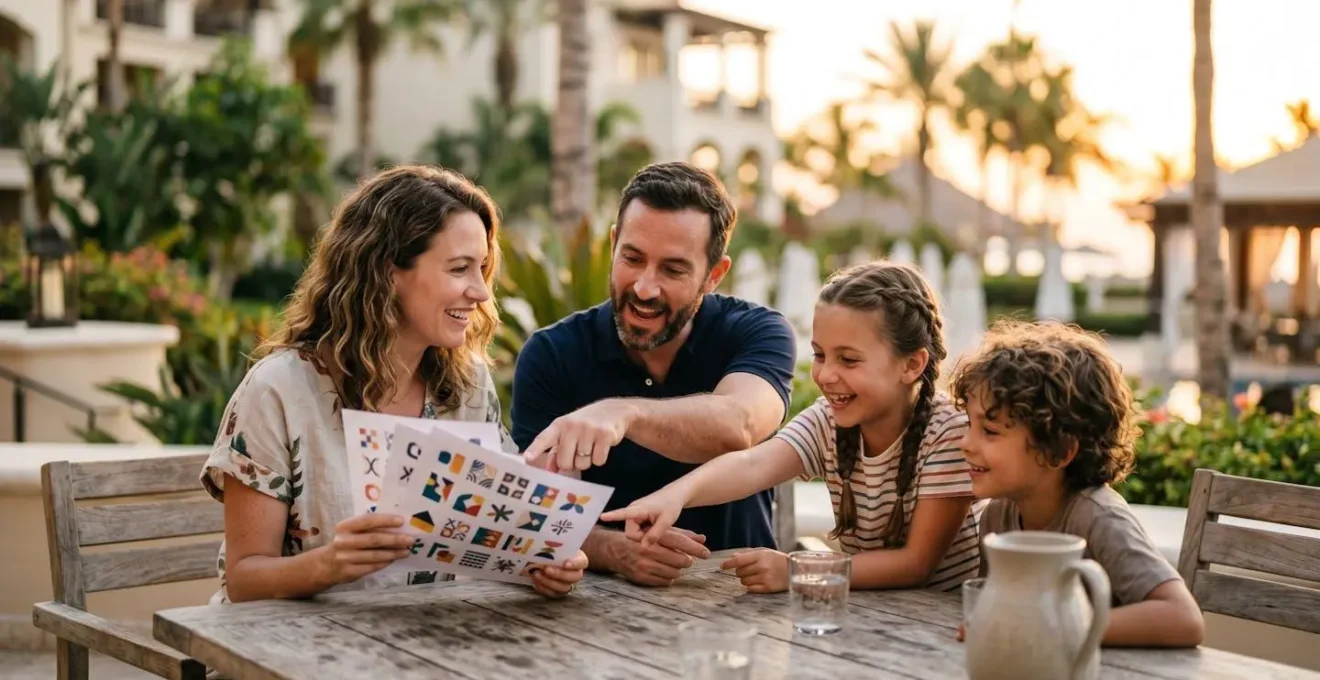 Famille consultant le planning d'activités du club de vacances