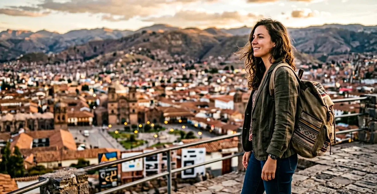 Une voyageuse confiante explorant une destination, symbolisant l'autonomie et la sécurité en voyage