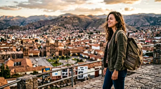 Une voyageuse confiante explorant une destination, symbolisant l'autonomie et la sécurité en voyage