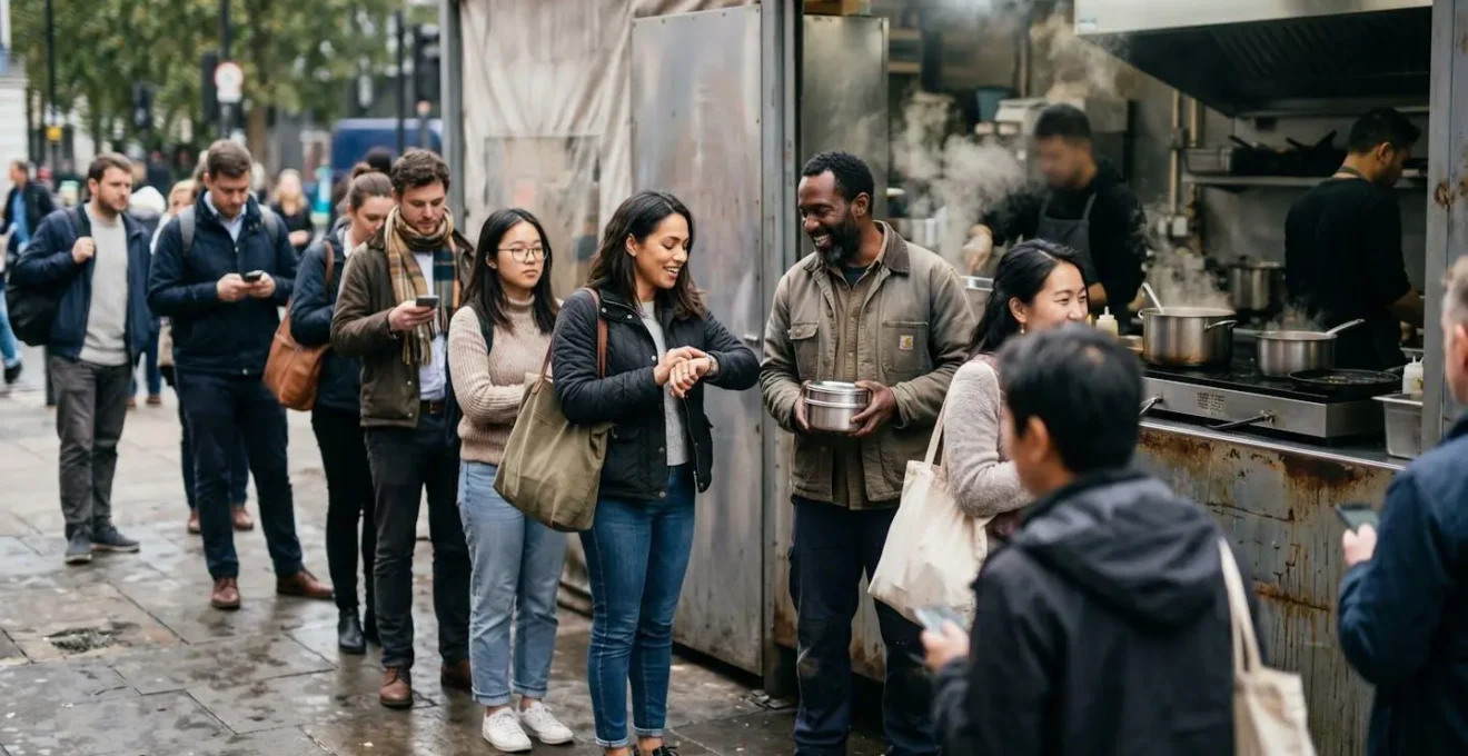 Vue en plongée d'une file d'attente devant un stand de cuisine de rue avec des clients locaux en interaction naturelle