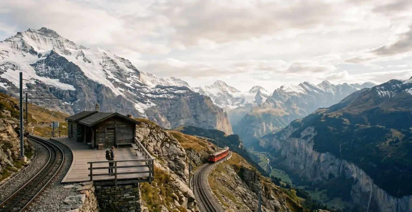 Gare de montagne alpine avec plateforme d'observation surplombant une vallée spectaculaire et voies ferrées serpentant dans le paysage