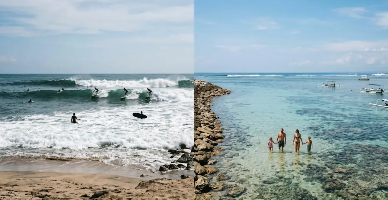 Contraste entre les vagues puissantes de la côte ouest et les eaux calmes protégées de la côte est de Bali