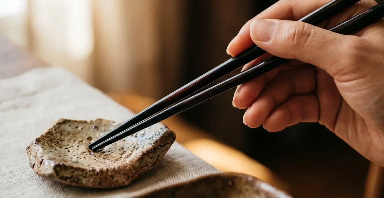 Geste raffiné d'utilisation du hashioki repose-baguettes traditionnel japonais